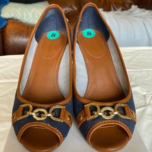 Navy Wedges.  Cork Heel. Size 8